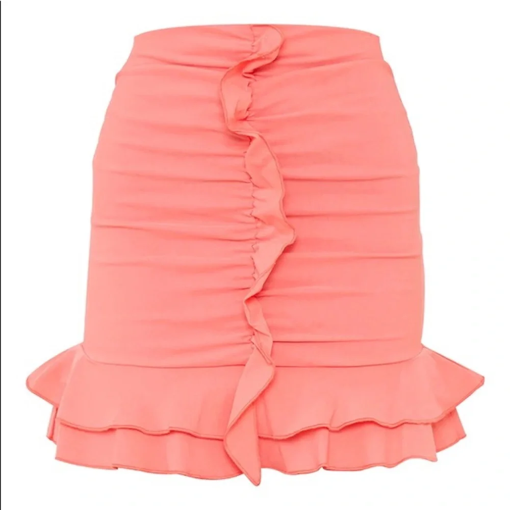 Coral Woven Frill Stretch Ruched Front Mini Skirt NEW